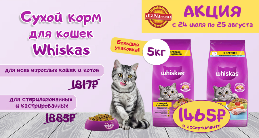 Сухие корма Whiskas по сниженной цене!